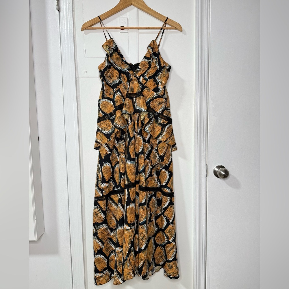 Hunter Bell ruffle spaghetti strap midi dress in yellow and black print, size 4